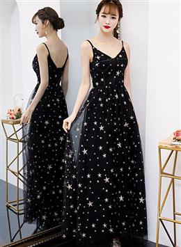 Picture of Lovely Black Color V-neckline Straps Long Evening Gown, Black Color Party Dresses